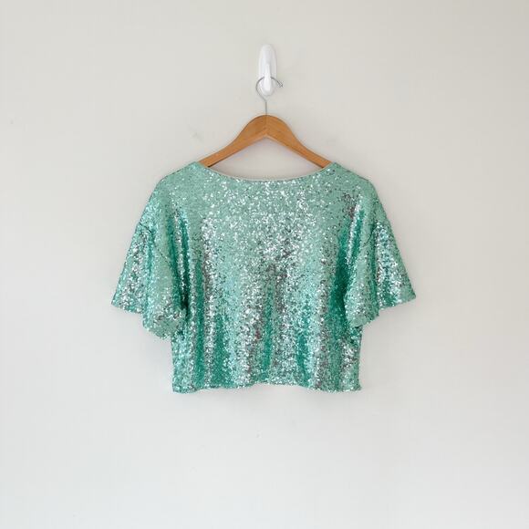By Anthropologie Sequin Glitter Short Sleeve Cropped Turquoise Top, Size Small - Picture 5 of 12